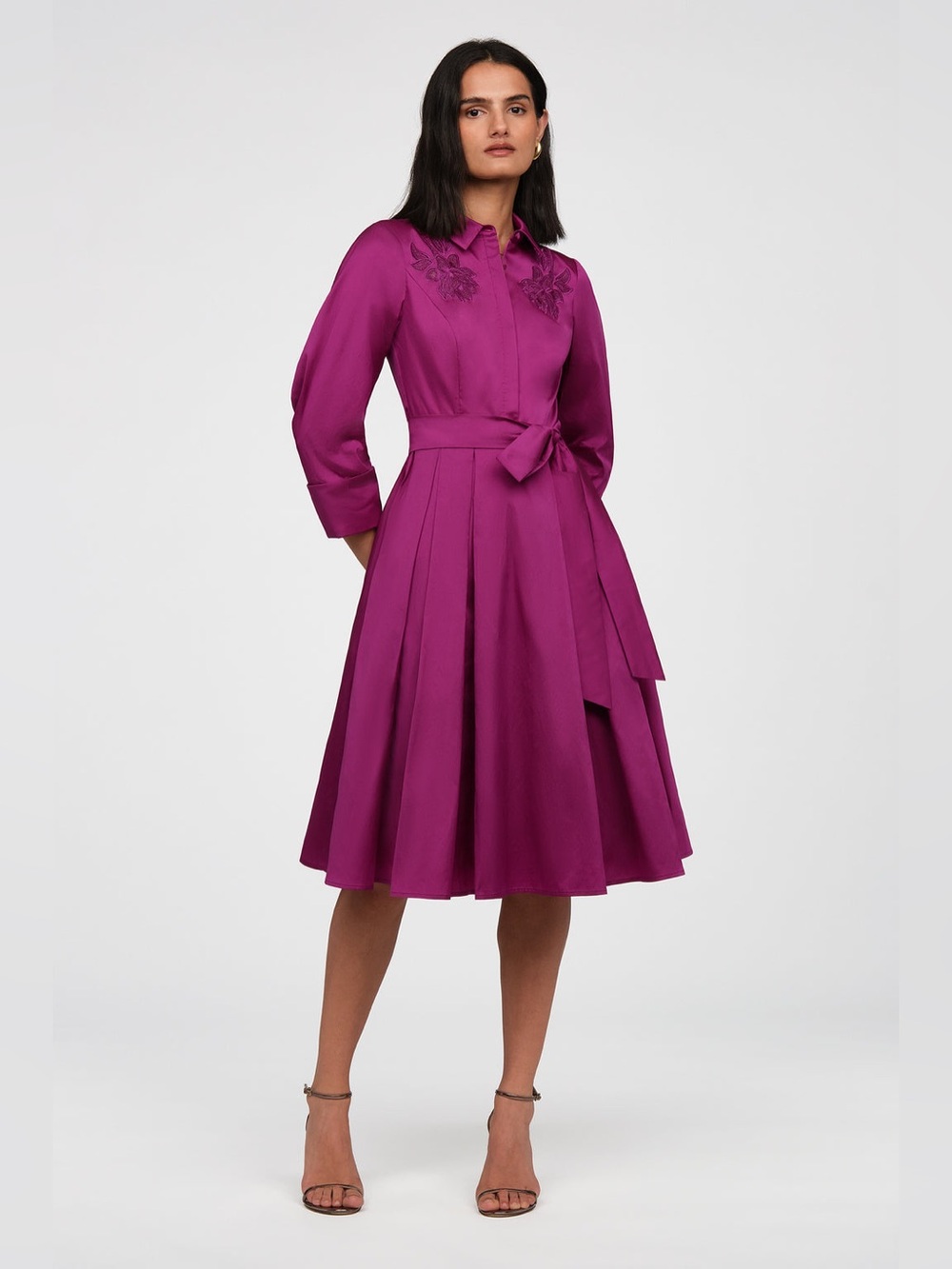 Theia Rosemary Taffeta Magenta Midi Shirt Dress with Tie Waist